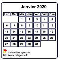 Calendrier de janvier 2020 à imprimer, fond blanc, taille mini, format poche, spécial portefeuille