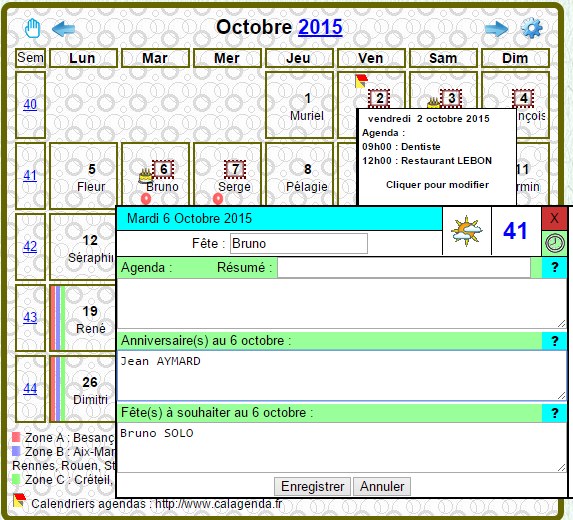 Affichage complet du calendrier