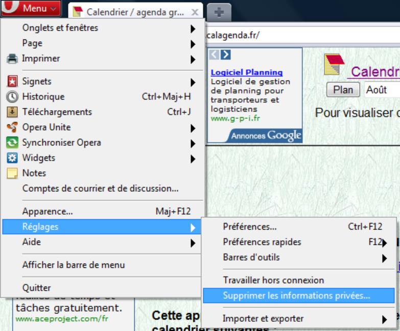Menu de suppression des donn�es priv�es avec Opera