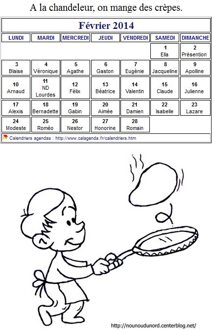Calendrier 2014 à colorier du mois de février