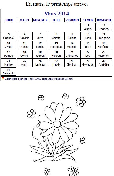 Calendrier 2014 à colorier du mois de mars