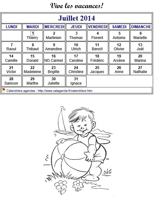 Calendrier 2014 à colorier du mois de juillet