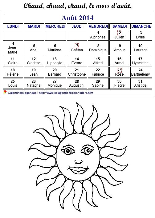 Calendrier 2014 à colorier du mois d'août