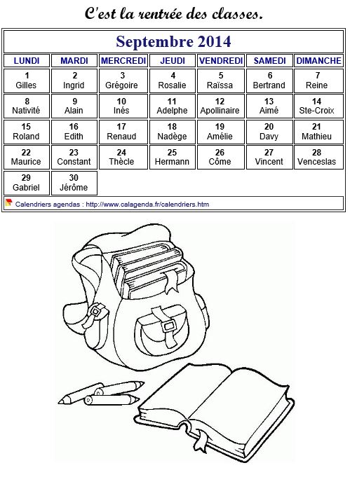 Calendrier 2014 à colorier du mois de septembre