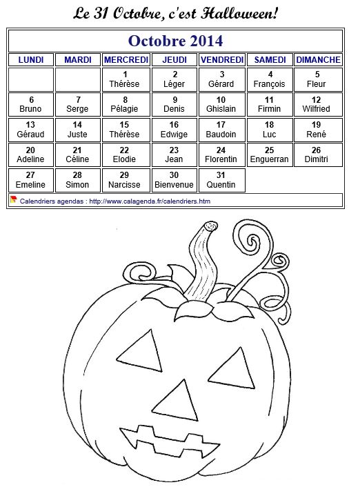 Calendrier 2014 à colorier du mois d'octobre