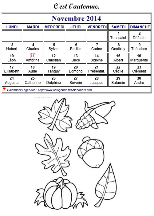 Calendrier 2014 à colorier du mois de novembre