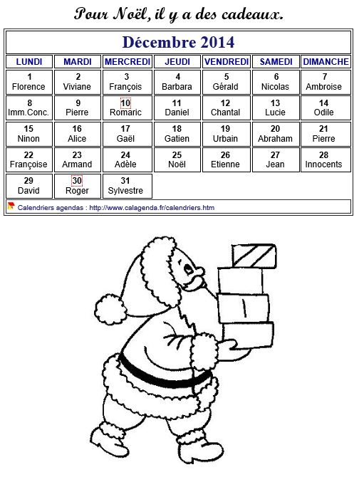 Calendrier 2014 à colorier du mois de décembre