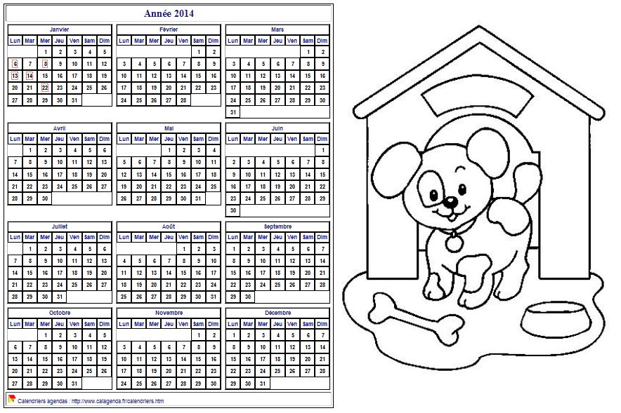 Calendrier 2014 à colorier annuel, format paysage, pour enfants