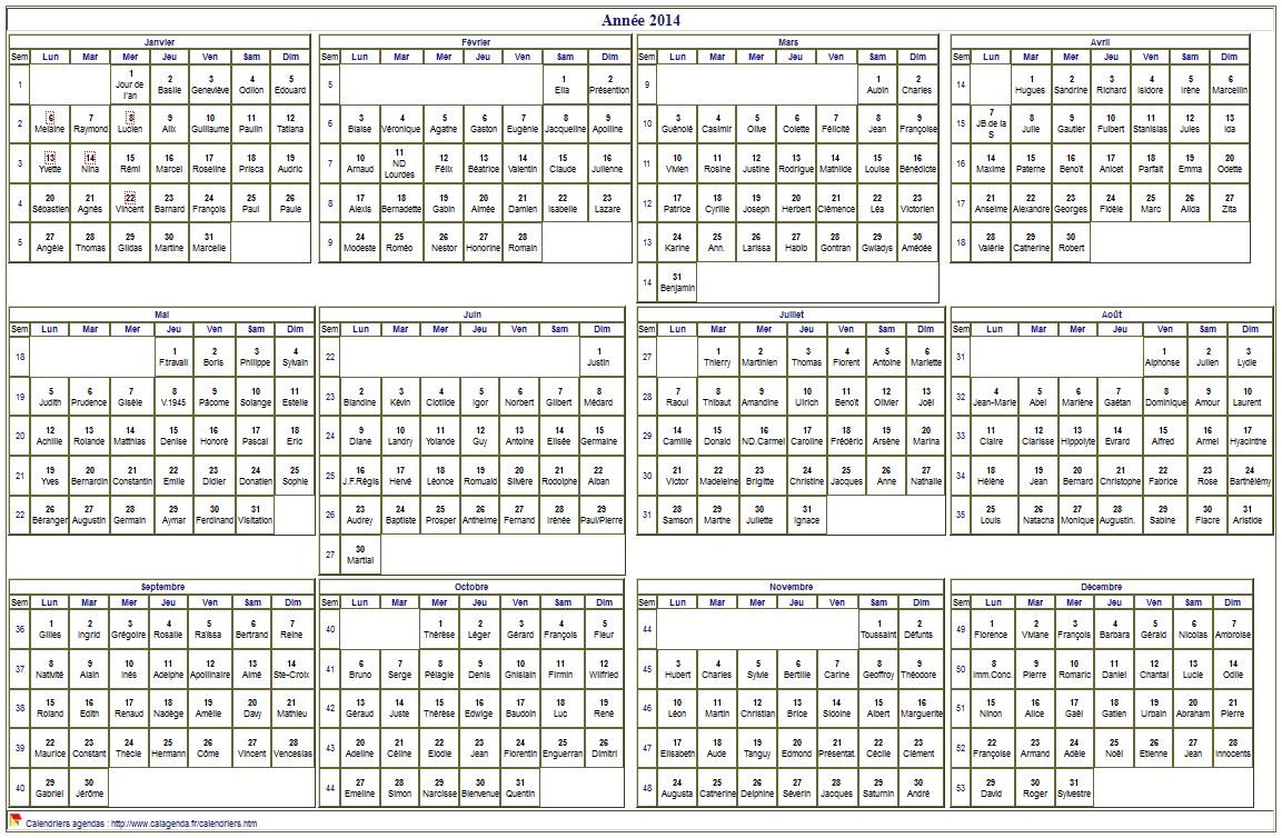 Calendrier 2014 à imprimer, annuel avec les fêtes, format paysage, sous-main ou mural Calendrier 2014 à imprimer, annuel avec les fêtes, format paysage, sous-main ou mural