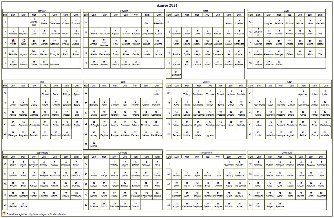 Calendrier 2014 à imprimer, annuel avec les fêtes, format paysage, sous-main ou mural