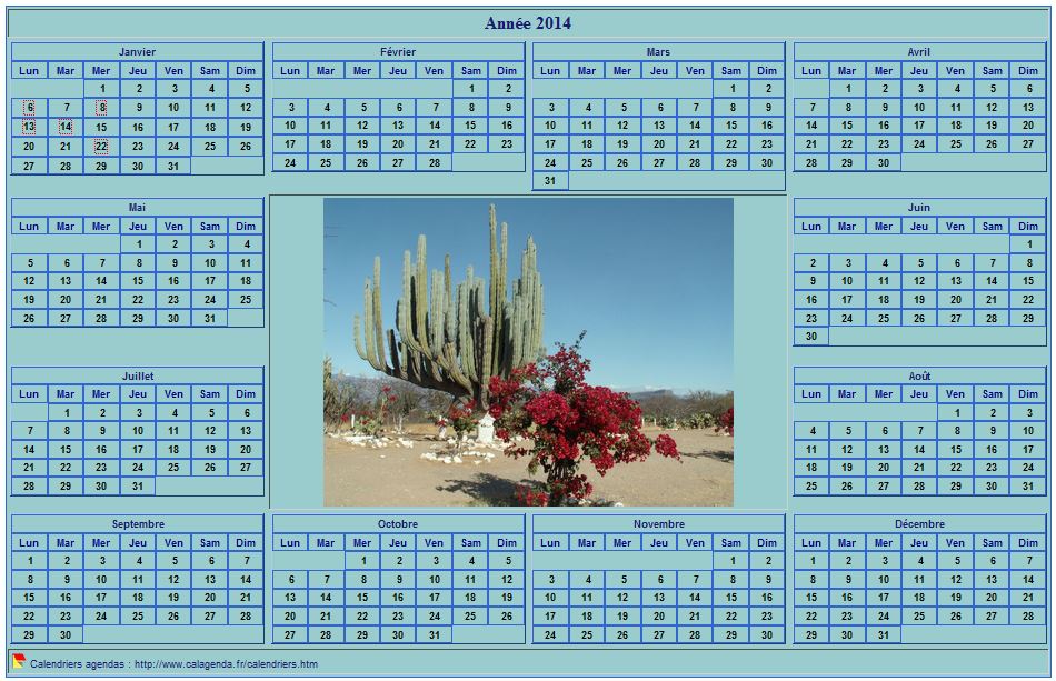 Calendrier 2014 photo annuel à imprimer, fond cyan, format paysage, sous-main ou mural