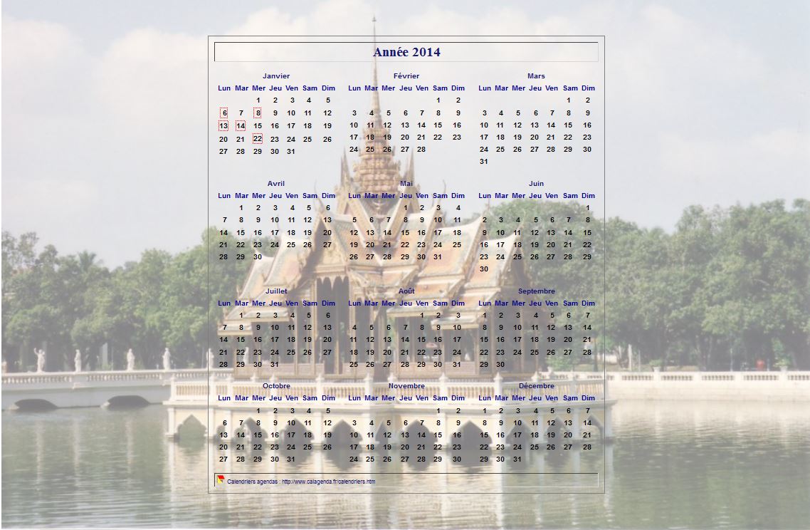 Calendrier 2014 annuel à imprimer, format paysage, une ligne par trimestre, incrusté au centre d'une photo