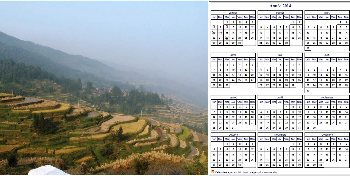 Calendrier 2014 annuel à imprimer, format paysage, une ligne par trimestre, à droite d'une photo