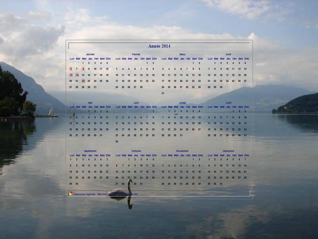 Calendrier 2014 annuel, format paysage, quatre colonnes par trois lignes, incrusté au centre d'une photo