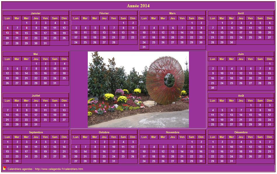 Calendrier 2014 photo annuel à imprimer, fond rose, format paysage, sous-main ou mural