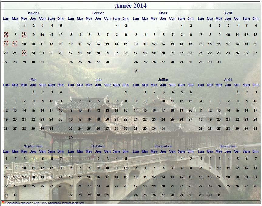 Calendrier 2014 annuel à imprimer, format paysage, quatre colonnes par trois lignes, par dessus une photo