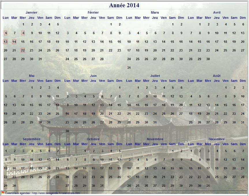 Calendrier 2014 annuel à imprimer, format paysage, quatre colonnes par trois lignes, par dessus une photo Calendrier 2014 annuel à imprimer, format paysage, quatre colonnes par trois lignes, par dessus une photo