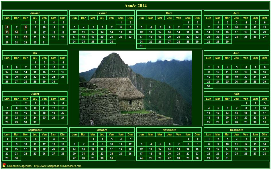 Calendrier 2014 photo annuel à imprimer, fond vert, format paysage