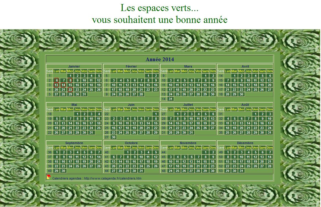 Calendrier 2014 décoratif annuel à imprimer, avec cadre photo vert