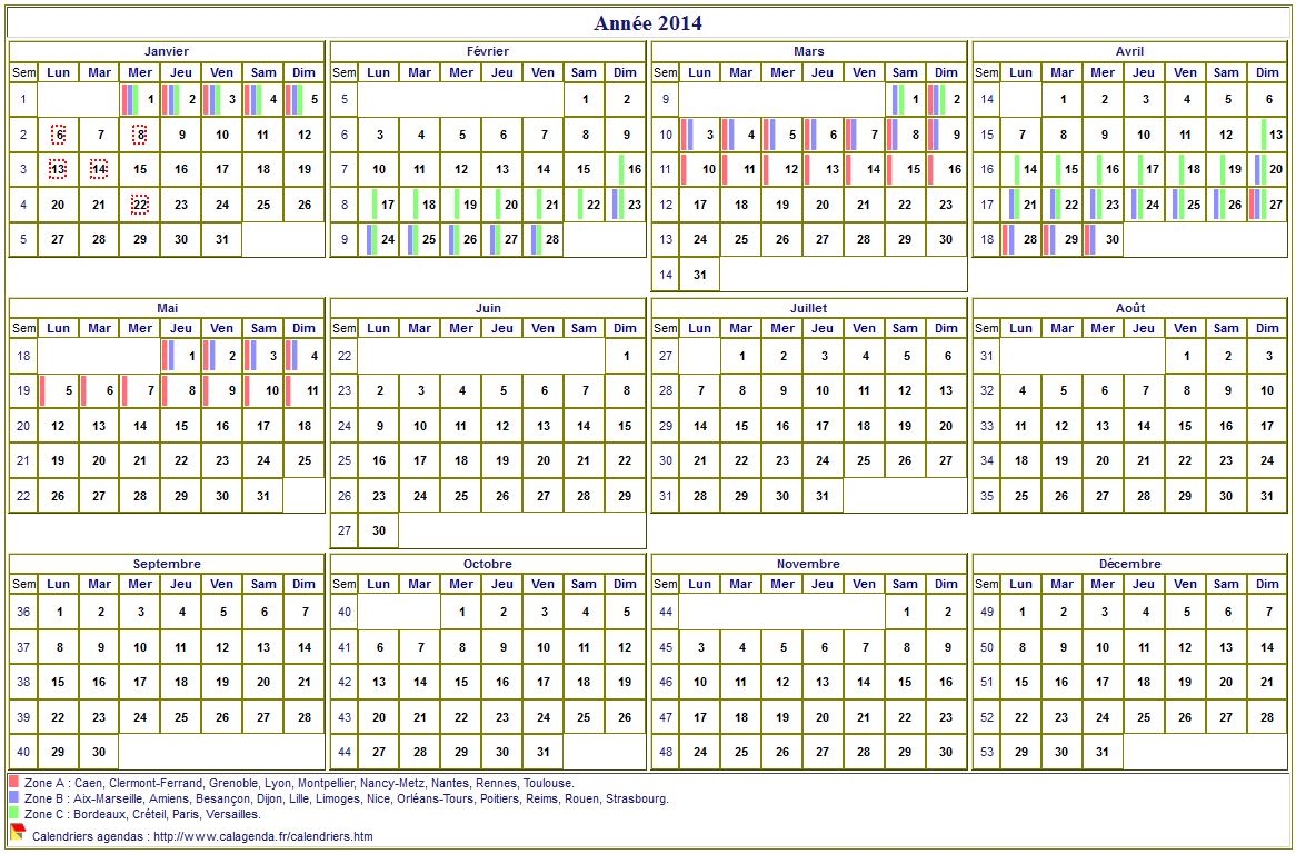 Calendrier 2014 annuel à imprimer, avec les vacances scolaires, format paysage