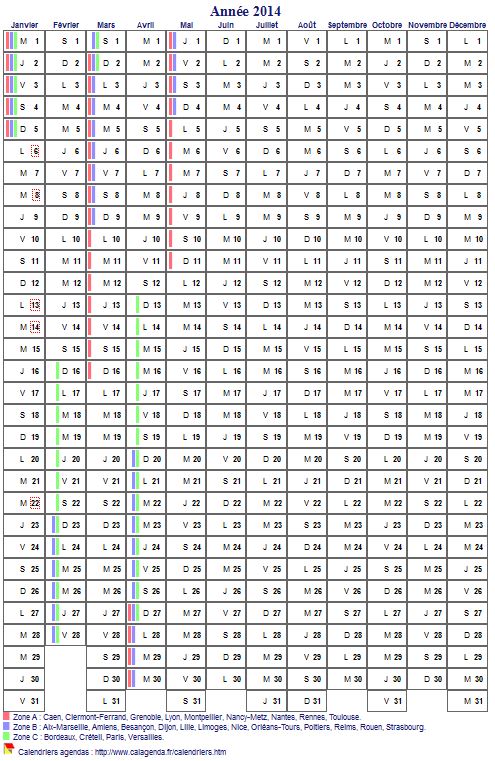 Calendrier 2014 annuel, 12 colonnes, avec les vacances scolaires