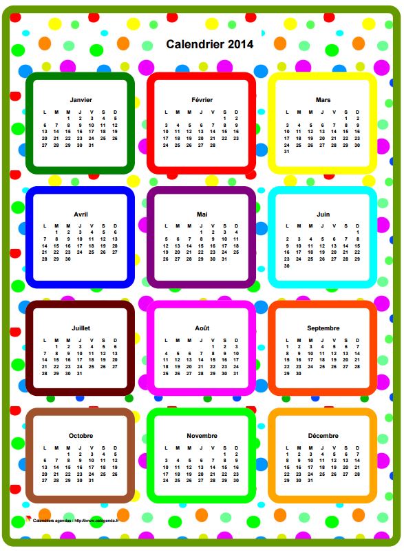 Calendrier 2014 annuel en couleurs Calendrier 2014 annuel en couleurs