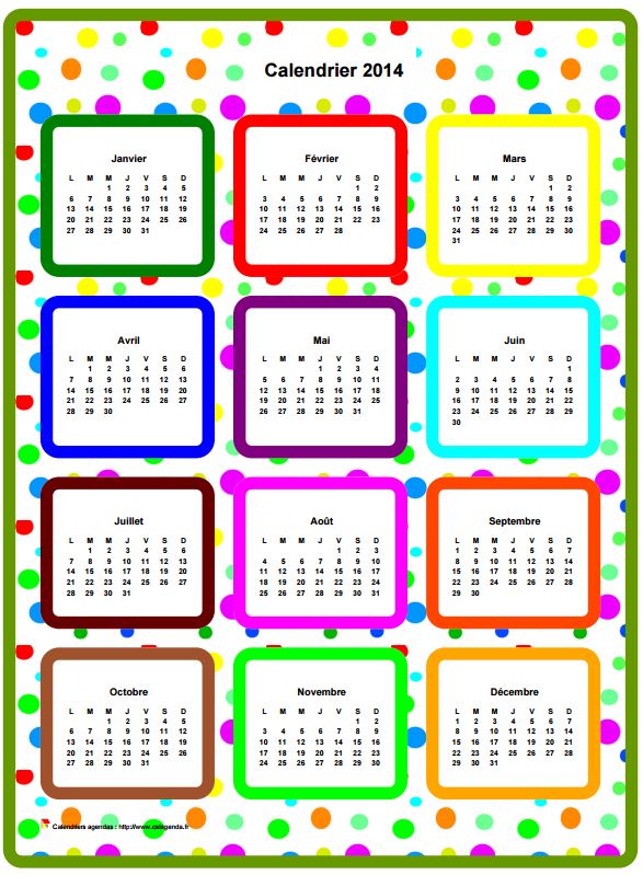 Calendrier 2014 annuel en couleurs