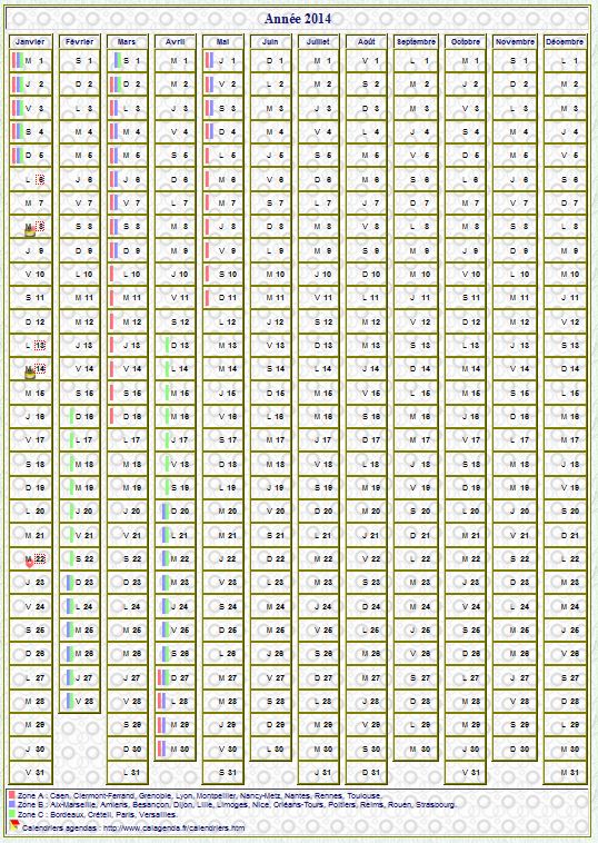 Calendrier 2014 annuel de 12 colonnes, avec agenda synthétique