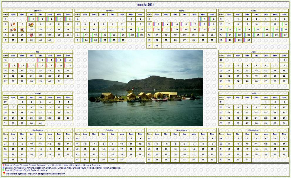 Calendrier 2014annuel avec photo, agenda synthétique, format paysage, sous-main ou mural