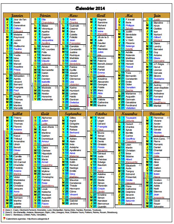 Agenda 2014 avec les vacances scolaires