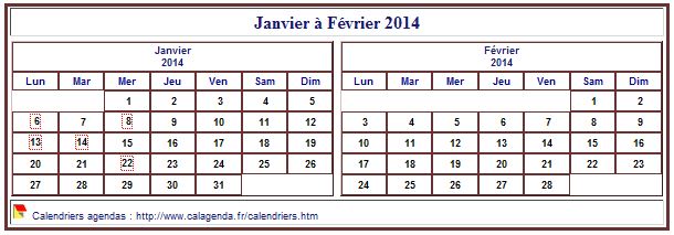 Calendrier 2014 à imprimer bimestriel, format mini de poche, horizontal, fond blanc