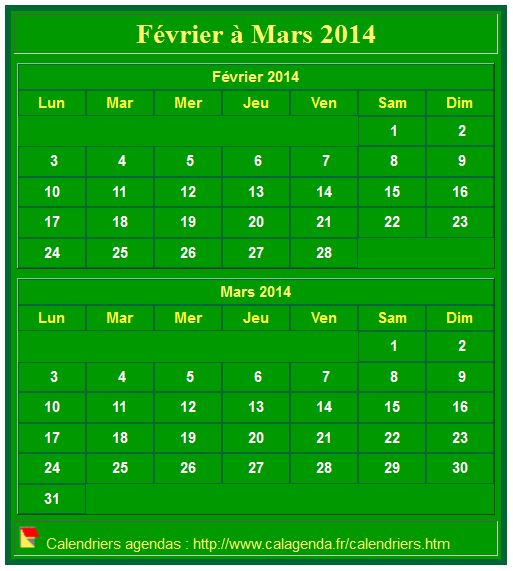 Calendrier 2014 à imprimer bimestriel, format mini de poche, vertical, fond vert