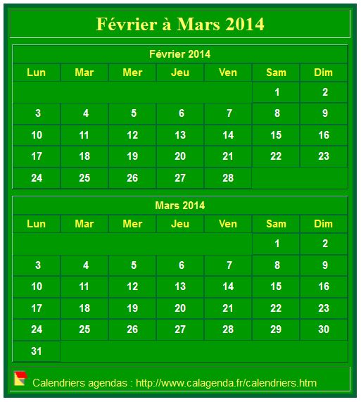 Calendrier 2014 à imprimer bimestriel, format mini de poche, vertical, fond vert