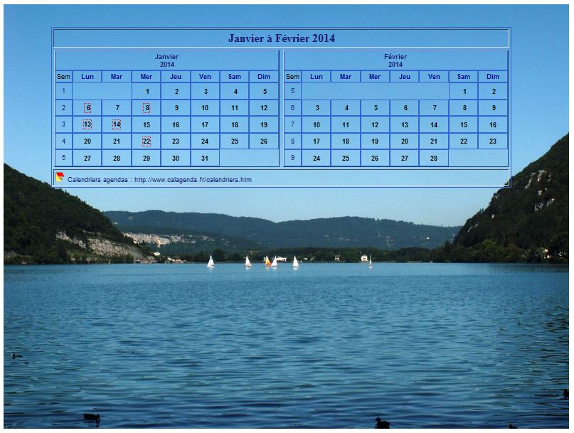 Calendrier 2014 décoratif à imprimer, bimestriel, format paysage, incrusté sur la partie haute d'une photo