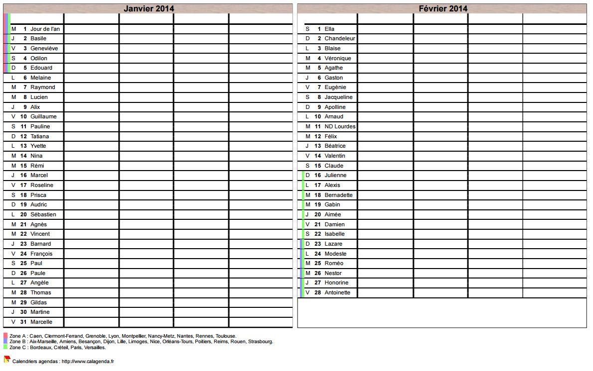 Calendrier 2014 planning bimestriel vierge, format portrait, 4 colonnes, avec les fêtes