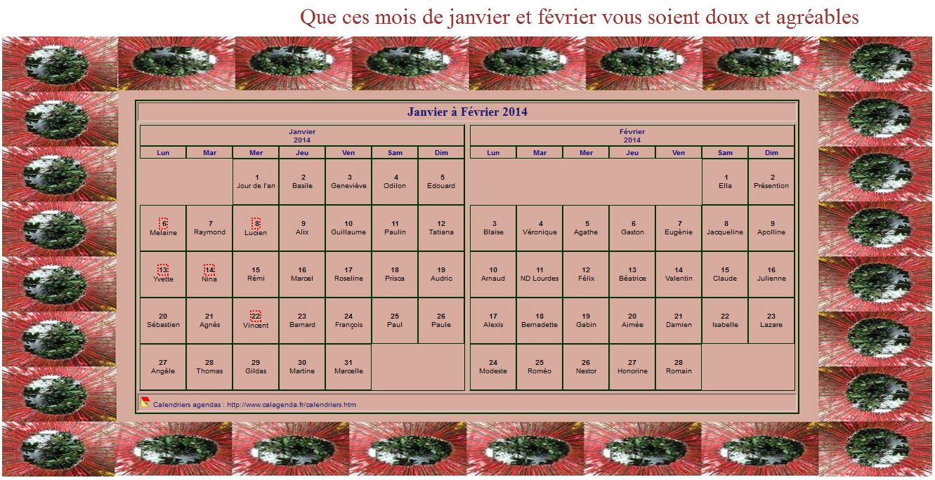 Calendrier 2014 à imprimer bimestriel décoratif, format paysage, avec cadre photo