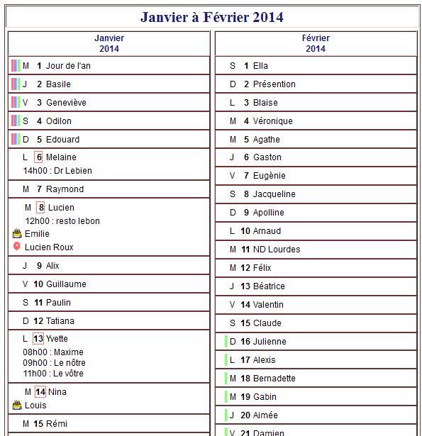 Calendrier 2014 bimestriel avec agenda détaillé, format portrait, une colonne par mois