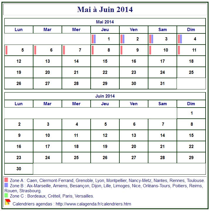 Calendrier 2014 à imprimer bimestriel, format mini de poche, avec les vacances scolaires