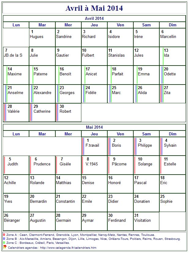 Calendrier 2014 bimestriel, format portrait, avec les fêtes et les vacances scolaires