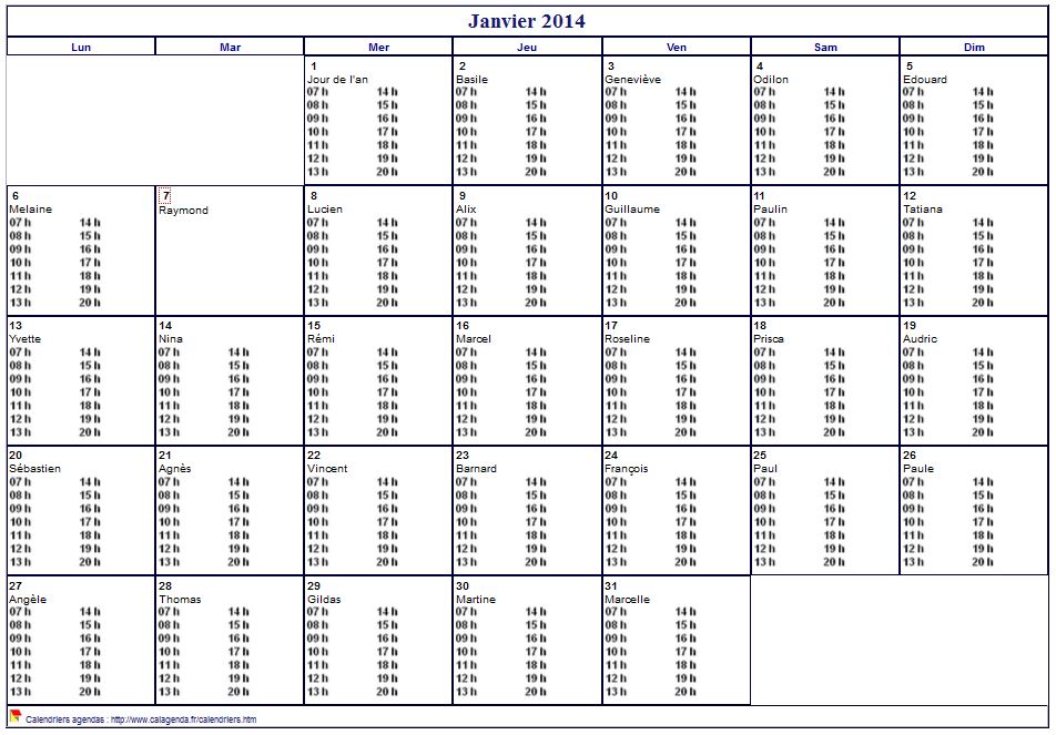 Calendrier mensuel 2014 à imprimer vierge, avec les horaires dans chaque case