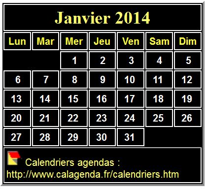 Calendrier mensuel 2014 à imprimer, fond noir, taille mini, format poche, spécial portefeuille