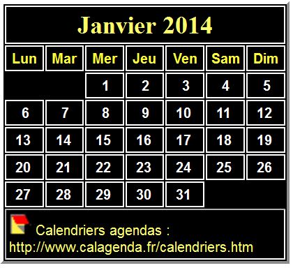 Calendrier mensuel 2014 à imprimer, fond noir, taille mini, format poche, spécial portefeuille