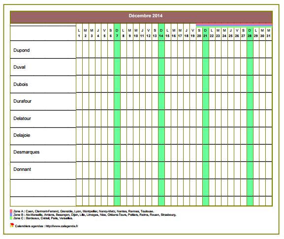 Calendrier 2014 planning horizontal mensuel
