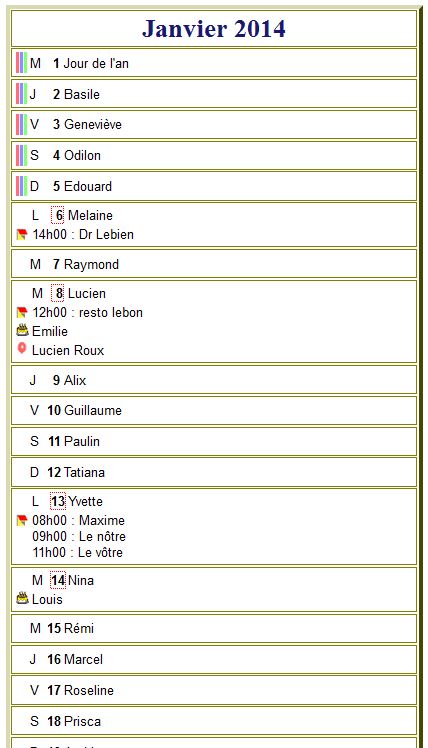 Calendrier mensuel 2014, agenda détaillé, format portrait, avec les fêtes