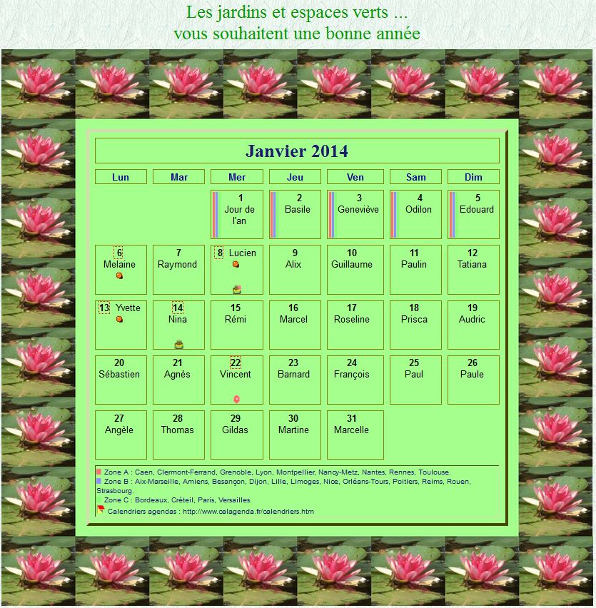 Calendrier 2014 agenda décoratif mensuel, cadre avec motifs nénuphars