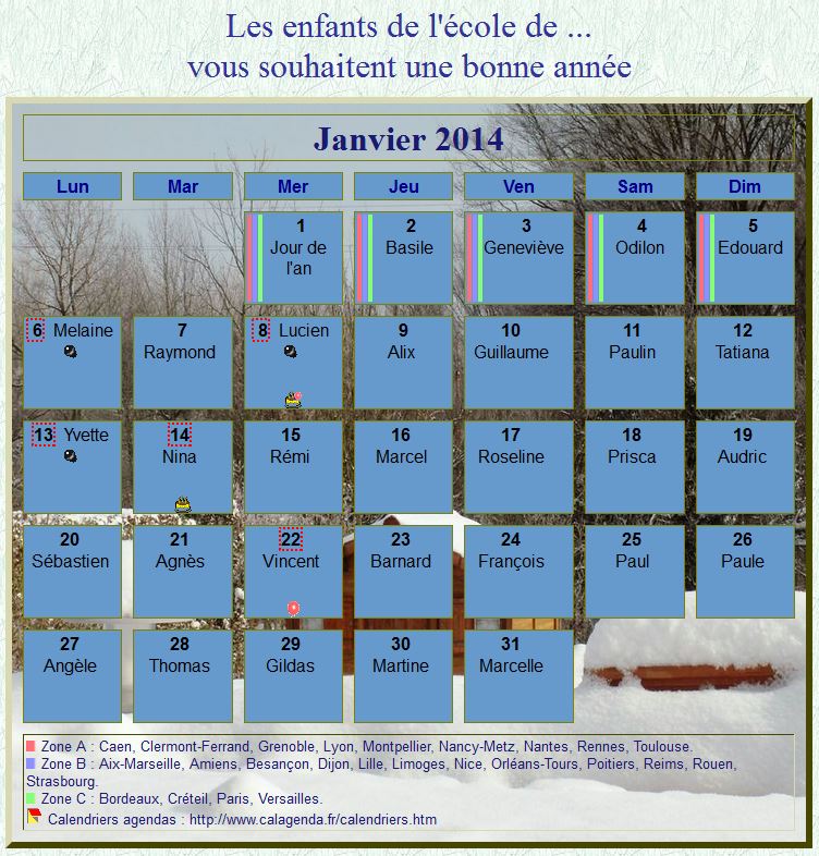 Calendrier 2014 agenda mensuel artistique avec photo et légende, paysage hivernal