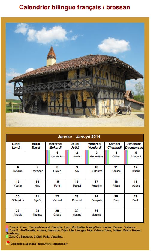 Calendrier mensuel 2014 en patois bressan