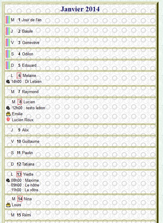 Calendrier mensuel 2014 en colonne