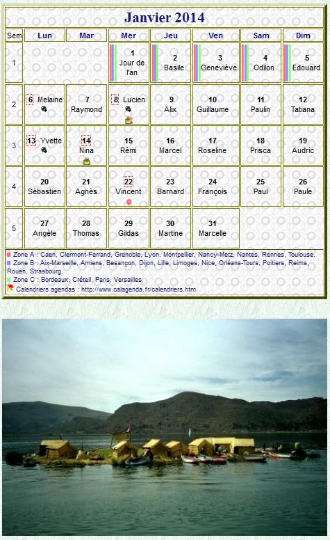 Calendrier mensuel 2014, tableau avec photo