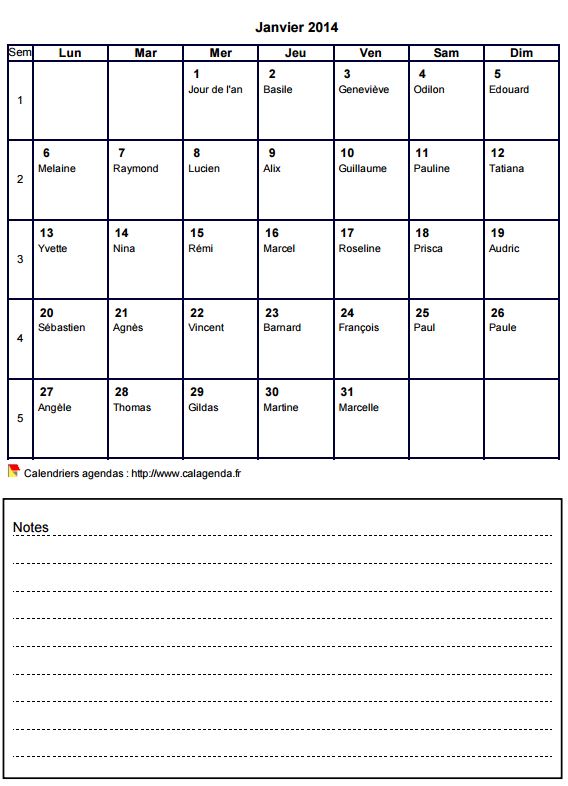 Calendrier mensuel 2014 avec notes